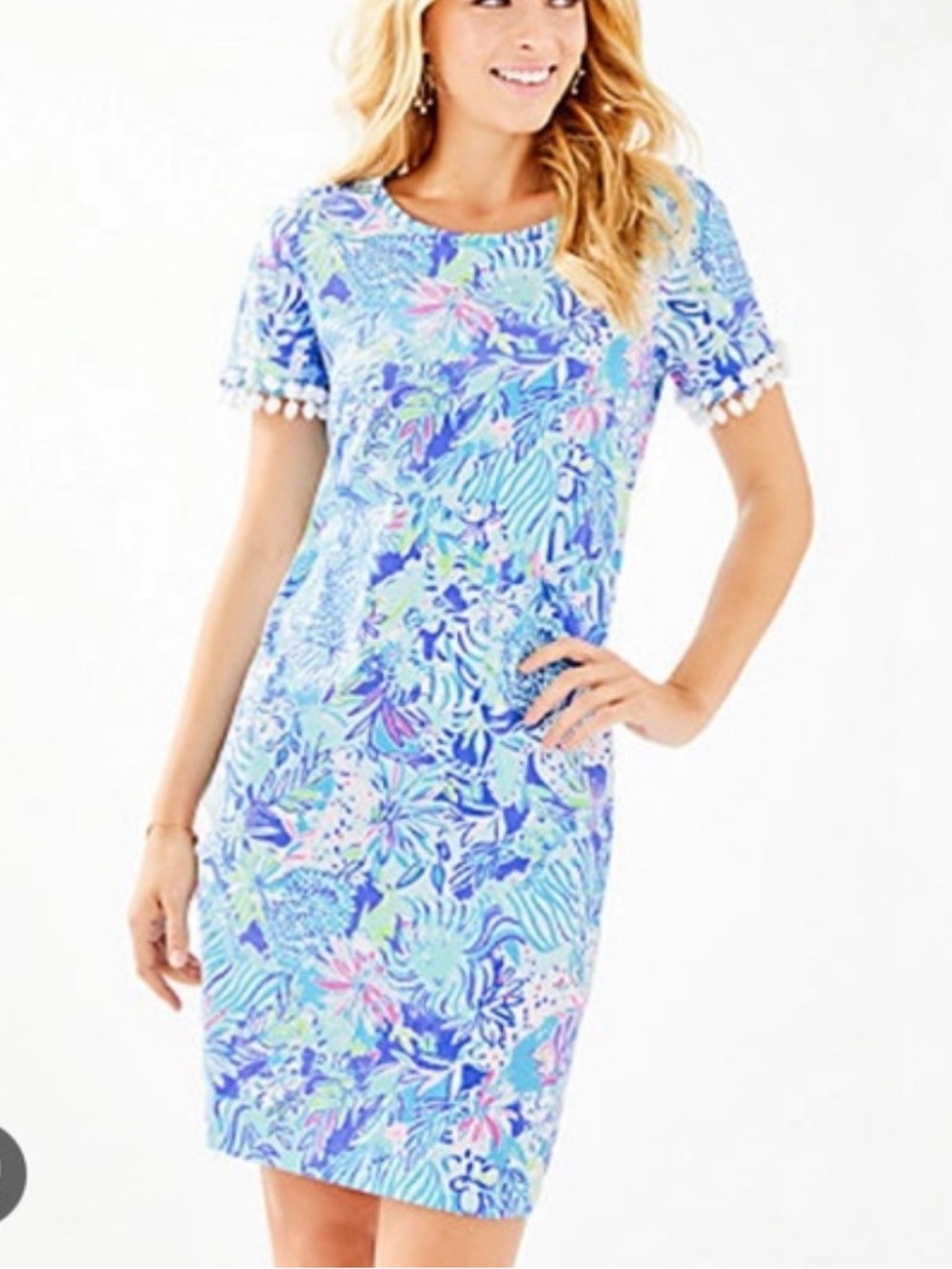 Lilly Pulitzer Lissie Blue Tropical Pom Pom Sleeve Shift Dress Size Small